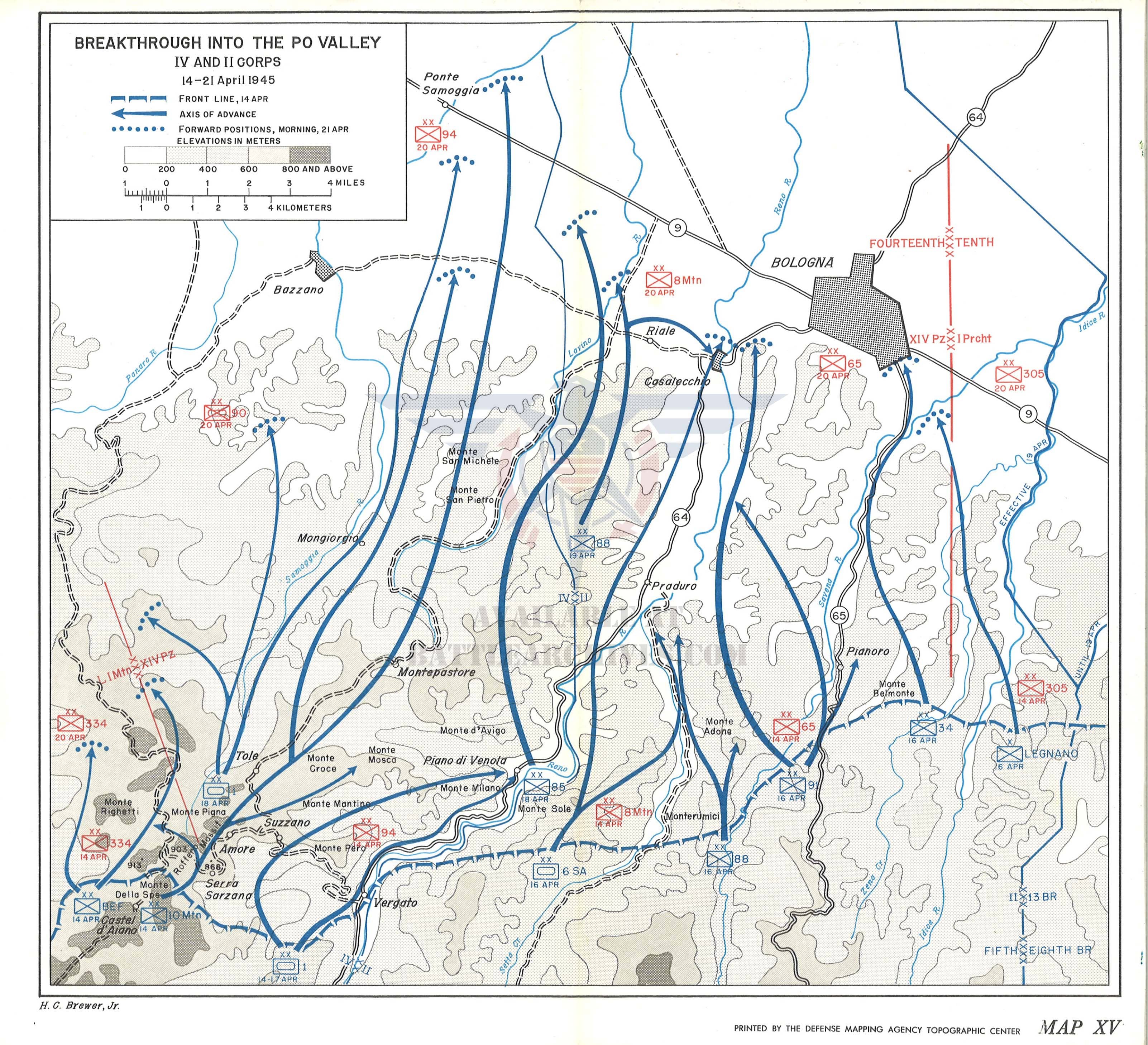 Battle Archives Map 10.7x9.8 Print Po Valley, Italy 1945 Battle Map