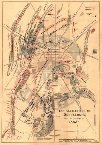 Battle Archives Map 11.6x16.6 Print Gettysburg Battle Map with Unit Commanders