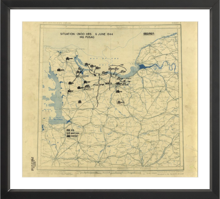 Battle Archives Map 17.7x16, Framed-Black Normandy D-Day Assault Battle Map
