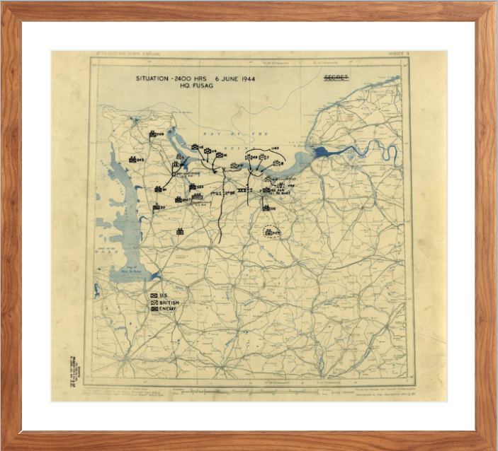 Battle Archives Map 17.7x16, Framed-Walnut Brown Normandy D-Day Assault Battle Map