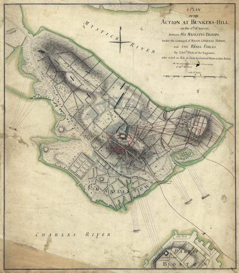 Battle Archives Map 17.9x20.4 Print Bunker Hill, Massachusetts 1775 British Battle Map