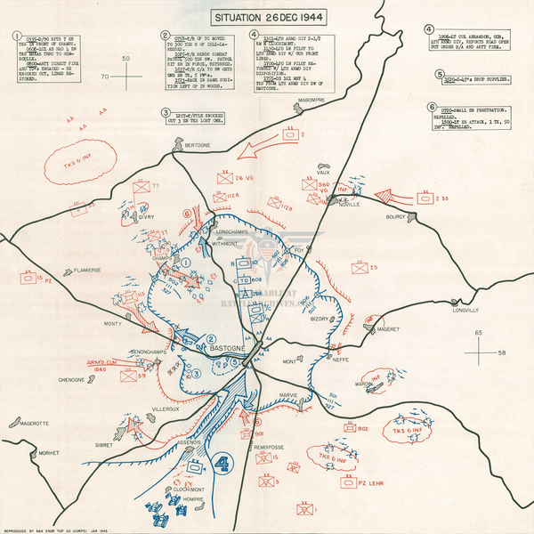 Battle Archives Map 18.1x18.1 Print Ardennes Counteroffensive (Battle of the Bulge) 26 December Situation Map Around Bastogne