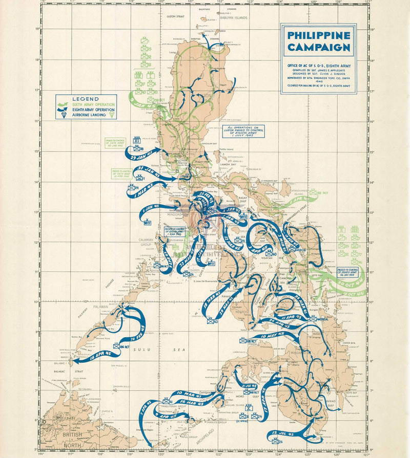 Battle Archives Map 20x22.4 Print Philippines 1944-1945 with Sixth and Eighth Armies