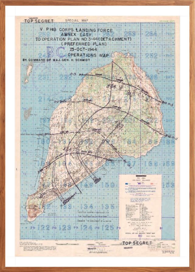 Battle Archives Map 28x40.7, Framed-Walnut Brown (original size) Iwo Jima Assault Plan Battle Map