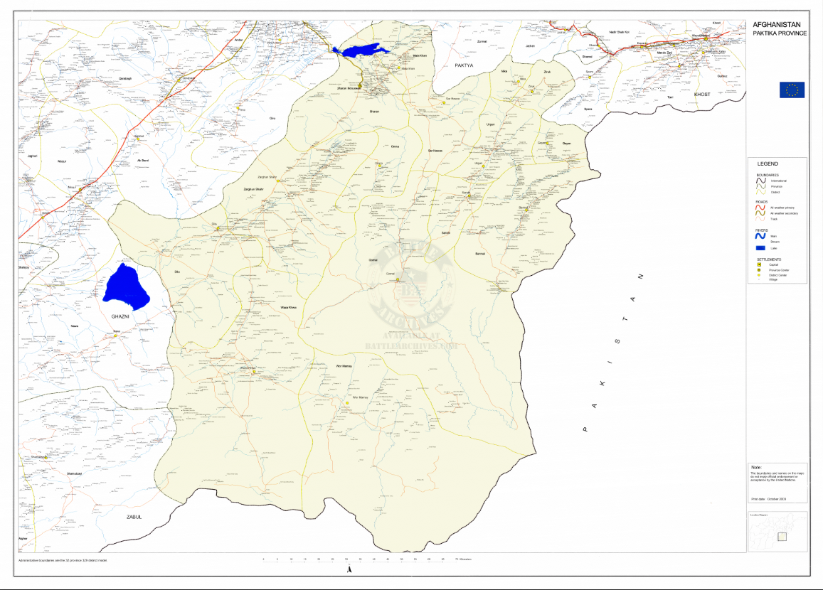 Battle Archives Map Paktika Province, Afghanistan